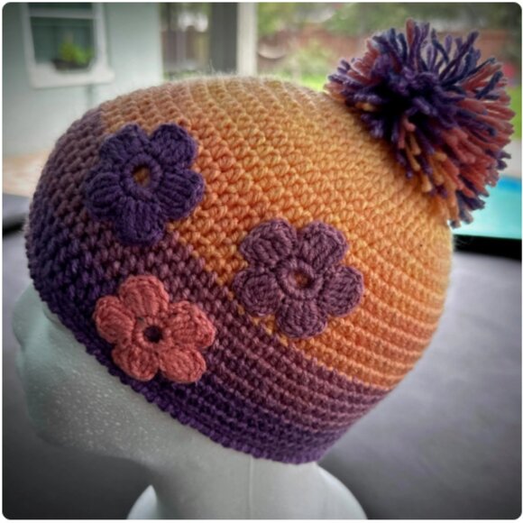 Handmade Crochet Beanie with Pom Pom and Floral Appliques — Purple Orange Ombre - Picture 5 of 7